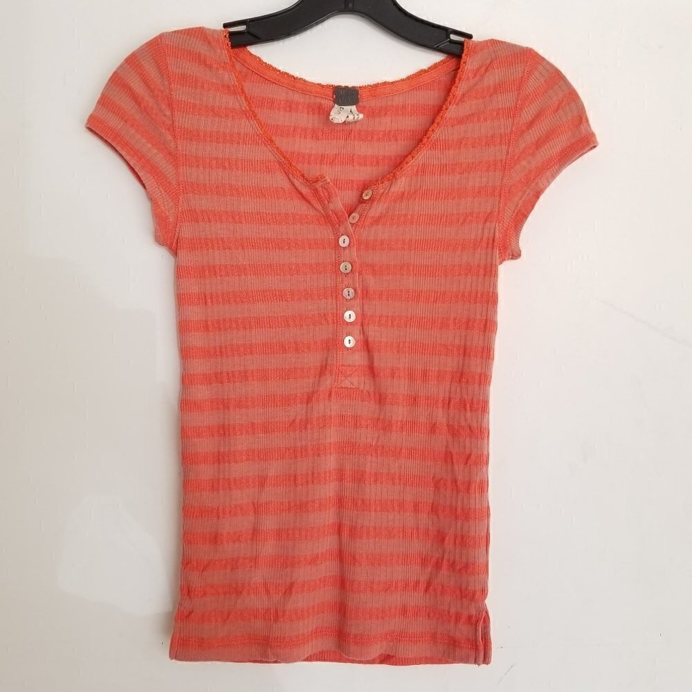 Free People Button Front Stripe Short Sleeve Top S